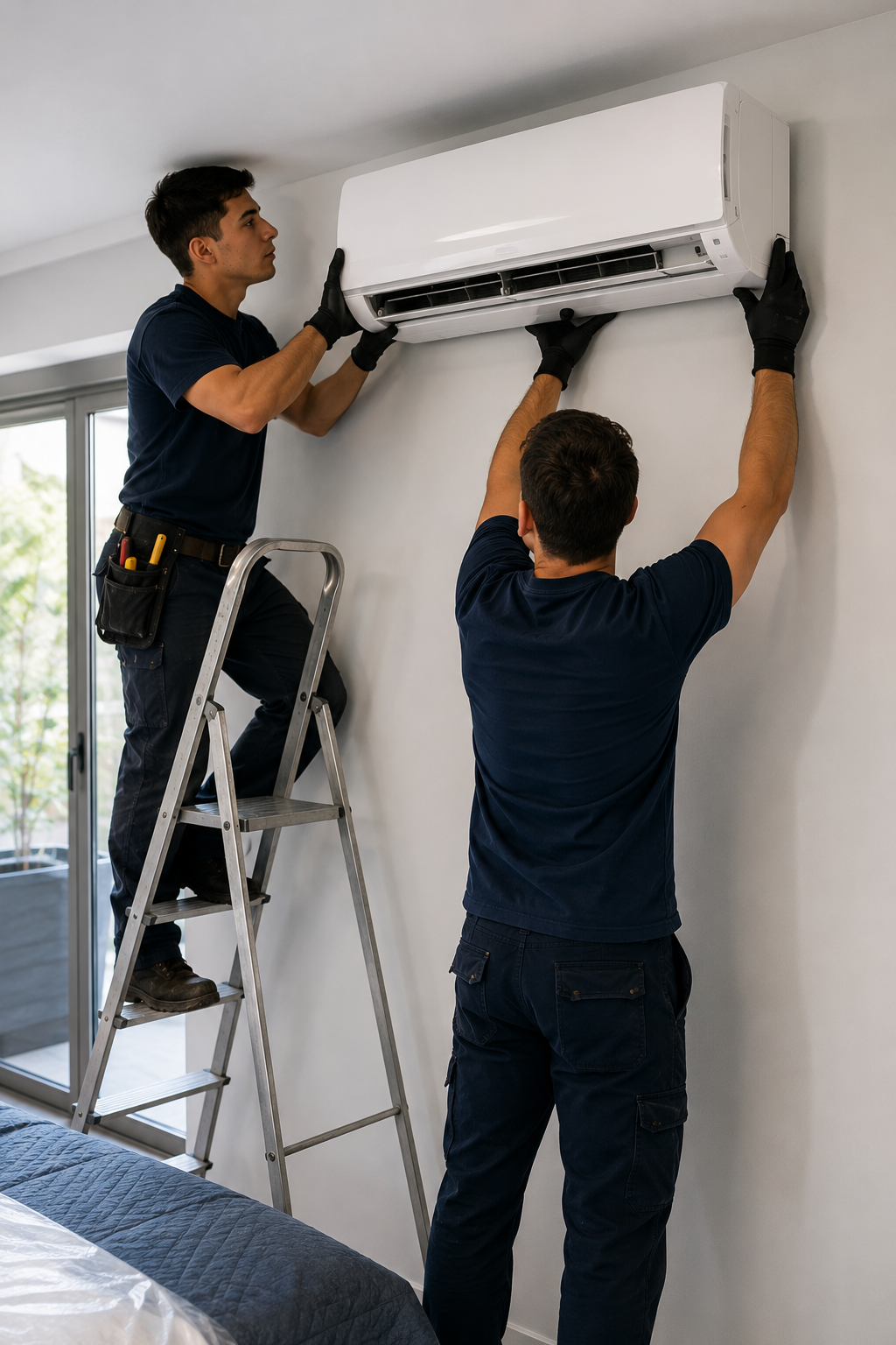 Instaladores colocando una unidad interior de aire acondicionado Split